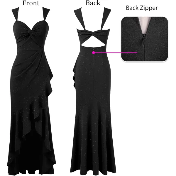 VFSHOW Womens Glitter Sweetheart V Neck Twist Front Backless Ruched Ruffle Slit Formal Evening Gown Maxi DressSparkly Black