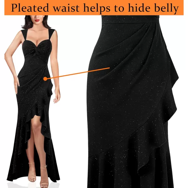 VFSHOW Womens Glitter Sweetheart V Neck Twist Front Backless Ruched Ruffle Slit Formal Evening Gown Maxi DressSparkly Black