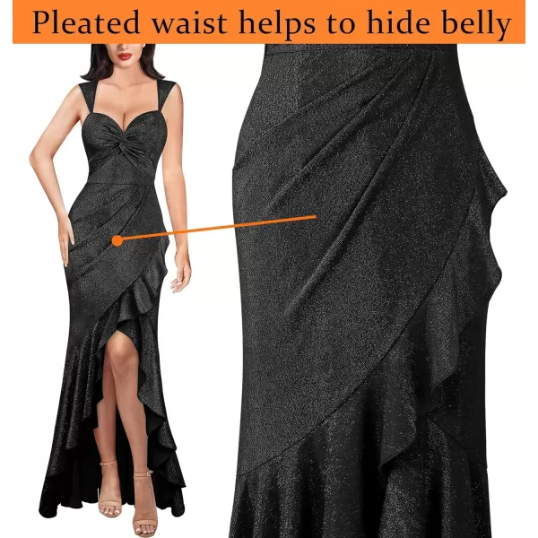 VFSHOW Womens Glitter Sweetheart V Neck Twist Front Backless Ruched Ruffle Slit Formal Evening Gown Maxi DressSparkly Black2