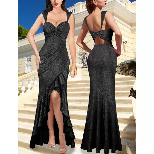 VFSHOW Womens Glitter Sweetheart V Neck Twist Front Backless Ruched Ruffle Slit Formal Evening Gown Maxi DressSparkly Black2