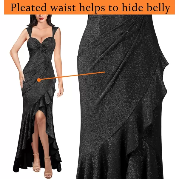 VFSHOW Womens Glitter Sweetheart V Neck Twist Front Backless Ruched Ruffle Slit Formal Evening Gown Maxi DressSparkly Blacka