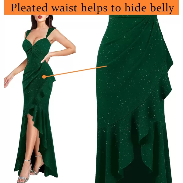 VFSHOW Womens Glitter Sweetheart V Neck Twist Front Backless Ruched Ruffle Slit Formal Evening Gown Maxi DressSparkly Dark Green