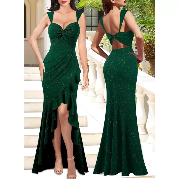 VFSHOW Womens Glitter Sweetheart V Neck Twist Front Backless Ruched Ruffle Slit Formal Evening Gown Maxi DressSparkly Dark Green