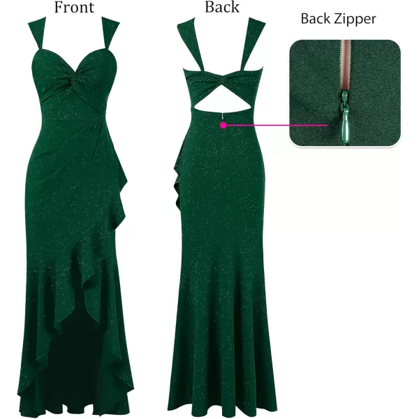 VFSHOW Womens Glitter Sweetheart V Neck Twist Front Backless Ruched Ruffle Slit Formal Evening Gown Maxi DressSparkly Dark Green