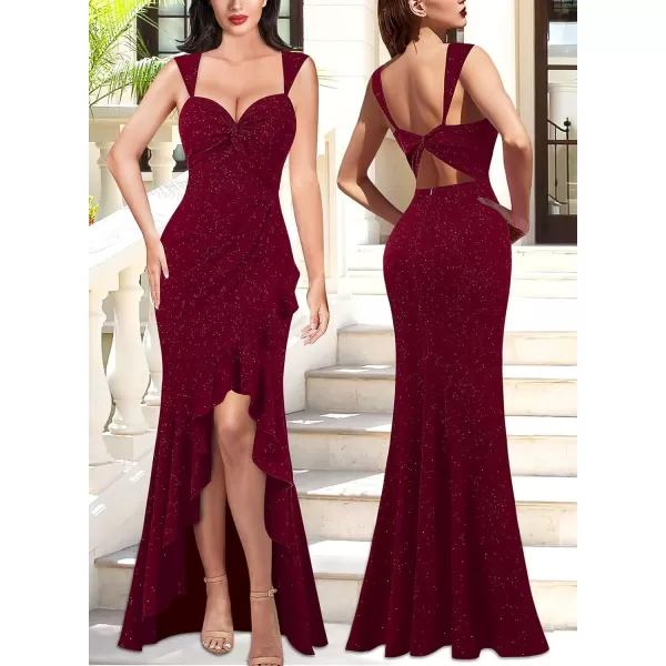 VFSHOW Womens Glitter Sweetheart V Neck Twist Front Backless Ruched Ruffle Slit Formal Evening Gown Maxi DressSparkly Dark Red