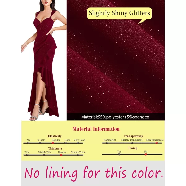 VFSHOW Womens Glitter Sweetheart V Neck Twist Front Backless Ruched Ruffle Slit Formal Evening Gown Maxi DressSparkly Dark Red