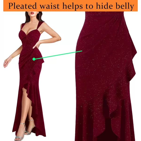 VFSHOW Womens Glitter Sweetheart V Neck Twist Front Backless Ruched Ruffle Slit Formal Evening Gown Maxi DressSparkly Dark Red