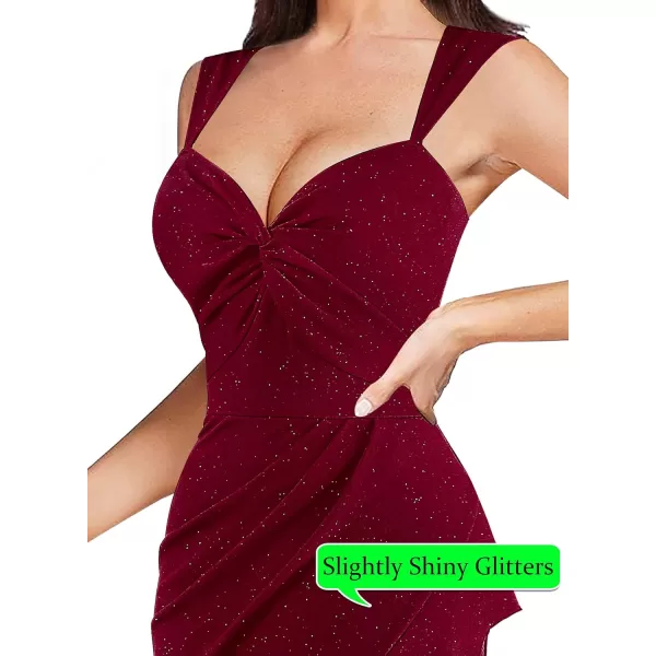 VFSHOW Womens Glitter Sweetheart V Neck Twist Front Backless Ruched Ruffle Slit Formal Evening Gown Maxi DressSparkly Dark Red