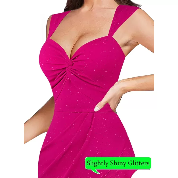 VFSHOW Womens Glitter Sweetheart V Neck Twist Front Backless Ruched Ruffle Slit Formal Evening Gown Maxi DressSparkly Hot Pink