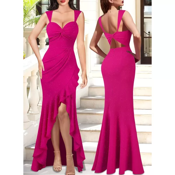 VFSHOW Womens Glitter Sweetheart V Neck Twist Front Backless Ruched Ruffle Slit Formal Evening Gown Maxi DressSparkly Hot Pink