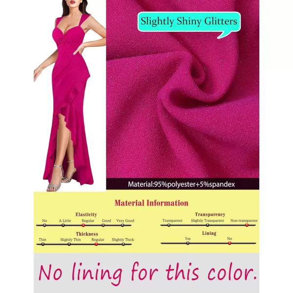 VFSHOW Womens Glitter Sweetheart V Neck Twist Front Backless Ruched Ruffle Slit Formal Evening Gown Maxi DressSparkly Hot Pink