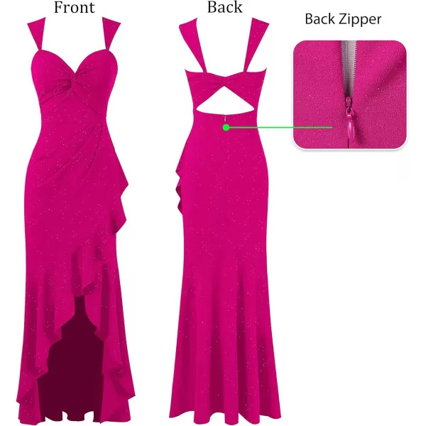 VFSHOW Womens Glitter Sweetheart V Neck Twist Front Backless Ruched Ruffle Slit Formal Evening Gown Maxi DressSparkly Hot Pink