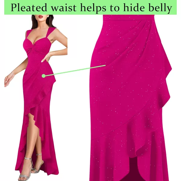 VFSHOW Womens Glitter Sweetheart V Neck Twist Front Backless Ruched Ruffle Slit Formal Evening Gown Maxi DressSparkly Hot Pink