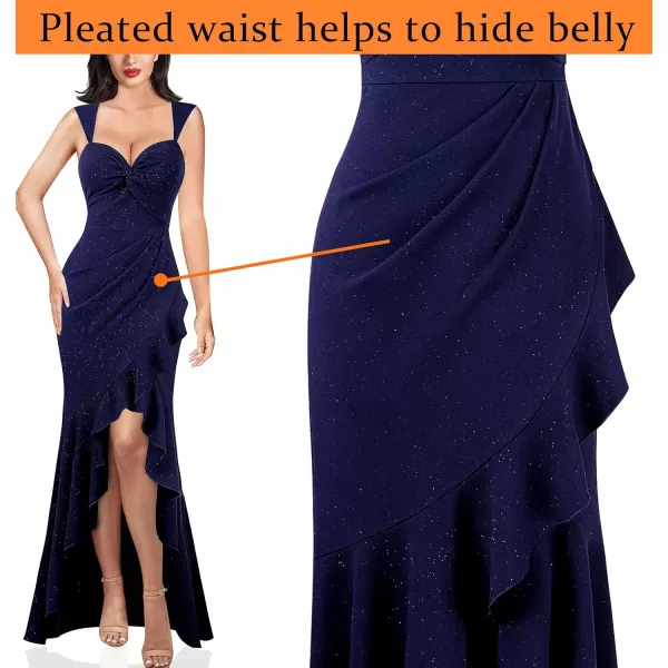 VFSHOW Womens Glitter Sweetheart V Neck Twist Front Backless Ruched Ruffle Slit Formal Evening Gown Maxi DressSparkly Navy Blue