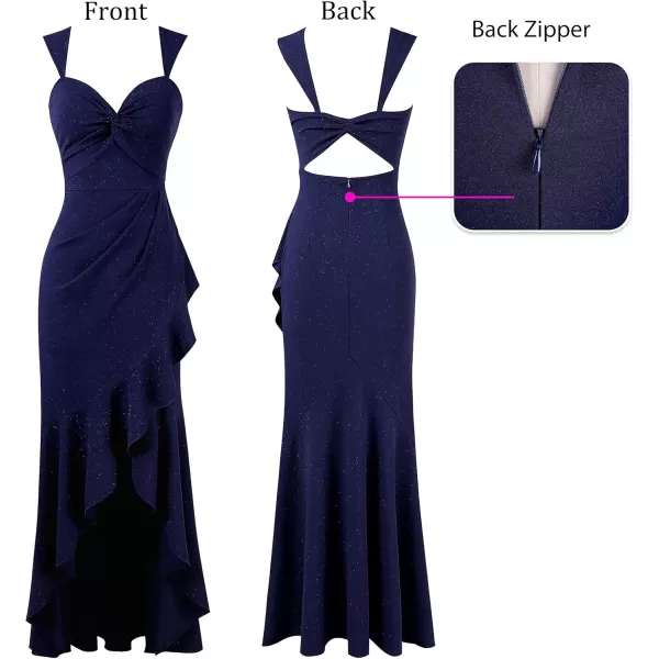 VFSHOW Womens Glitter Sweetheart V Neck Twist Front Backless Ruched Ruffle Slit Formal Evening Gown Maxi DressSparkly Navy Blue