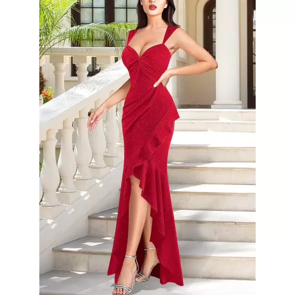 VFSHOW Womens Glitter Sweetheart V Neck Twist Front Backless Ruched Ruffle Slit Formal Evening Gown Maxi DressSparkly Red