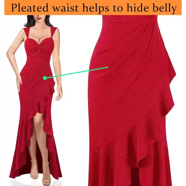 VFSHOW Womens Glitter Sweetheart V Neck Twist Front Backless Ruched Ruffle Slit Formal Evening Gown Maxi DressSparkly Red