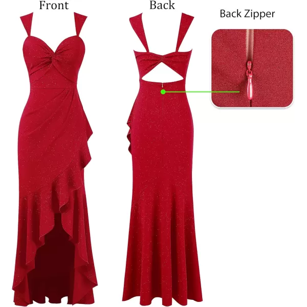 VFSHOW Womens Glitter Sweetheart V Neck Twist Front Backless Ruched Ruffle Slit Formal Evening Gown Maxi DressSparkly Red