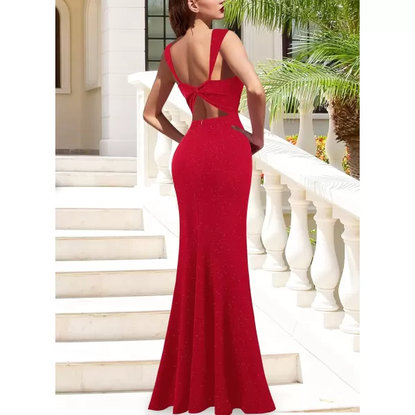 VFSHOW Womens Glitter Sweetheart V Neck Twist Front Backless Ruched Ruffle Slit Formal Evening Gown Maxi DressSparkly Red