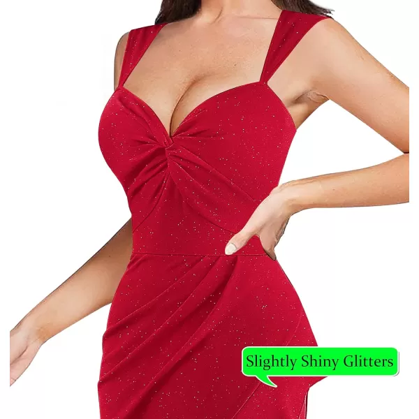 VFSHOW Womens Glitter Sweetheart V Neck Twist Front Backless Ruched Ruffle Slit Formal Evening Gown Maxi DressSparkly Red