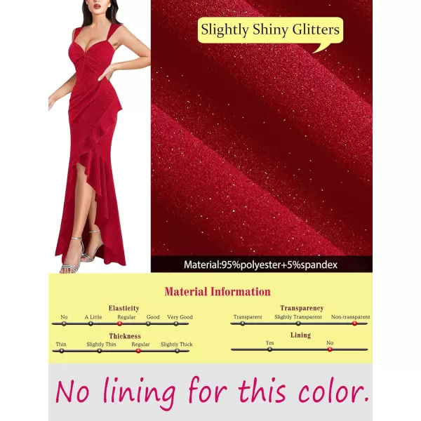 VFSHOW Womens Glitter Sweetheart V Neck Twist Front Backless Ruched Ruffle Slit Formal Evening Gown Maxi DressSparkly Red