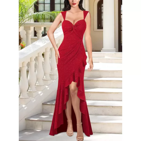 VFSHOW Womens Glitter Sweetheart V Neck Twist Front Backless Ruched Ruffle Slit Formal Evening Gown Maxi DressSparkly Red