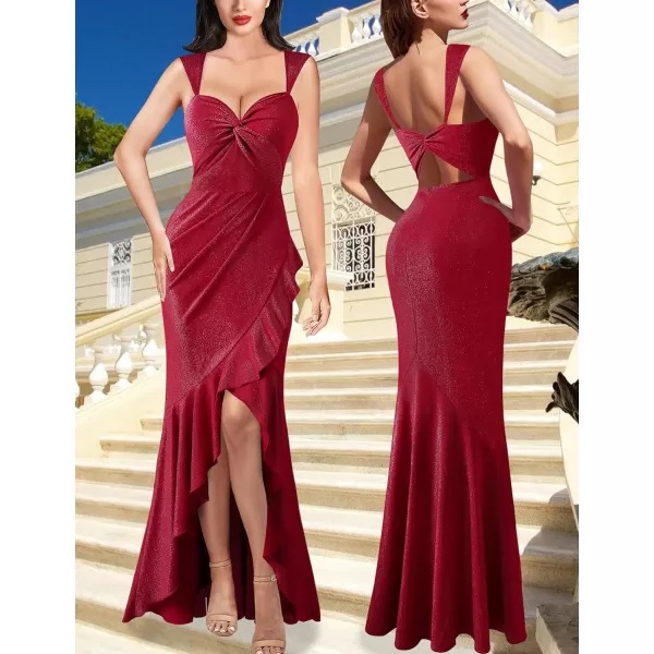 VFSHOW Womens Glitter Sweetheart V Neck Twist Front Backless Ruched Ruffle Slit Formal Evening Gown Maxi DressSparkly Red2