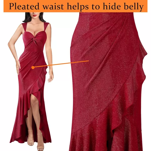 VFSHOW Womens Glitter Sweetheart V Neck Twist Front Backless Ruched Ruffle Slit Formal Evening Gown Maxi DressSparkly Red2