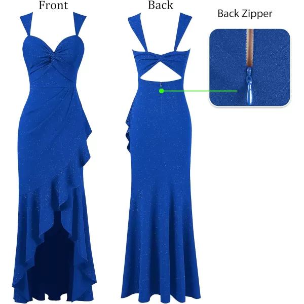 VFSHOW Womens Glitter Sweetheart V Neck Twist Front Backless Ruched Ruffle Slit Formal Evening Gown Maxi DressSparkly Royal Blue