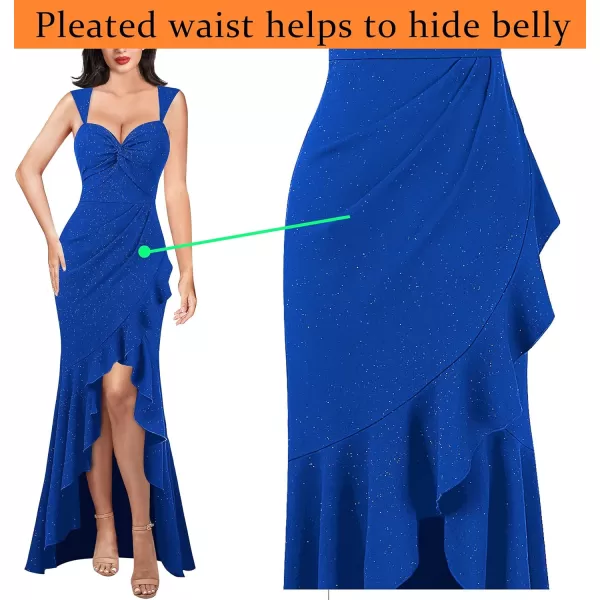 VFSHOW Womens Glitter Sweetheart V Neck Twist Front Backless Ruched Ruffle Slit Formal Evening Gown Maxi DressSparkly Royal Blue