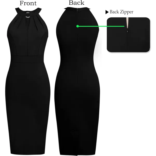 VFSHOW Womens Halter Neck Keyhole Cocktail Party Pleated Ruched Slim Fitted Bodycon Pencil DressBlack Halter Neck2