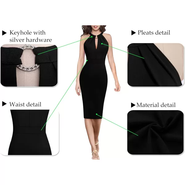 VFSHOW Womens Halter Neck Keyhole Cocktail Party Pleated Ruched Slim Fitted Bodycon Pencil DressBlack Halter Neck2