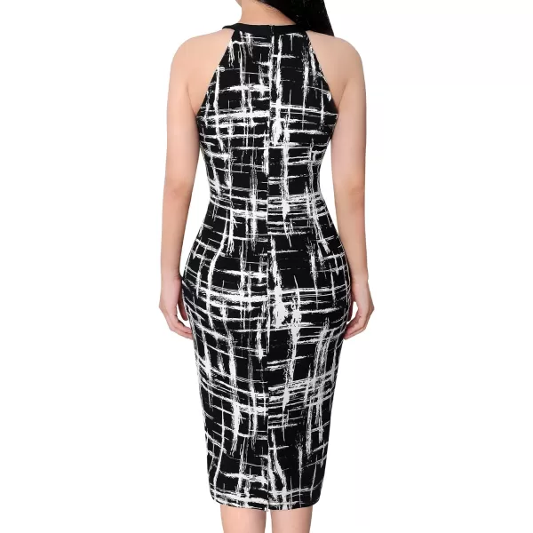 VFSHOW Womens Halter Neck Keyhole Cocktail Party Pleated Ruched Slim Fitted Bodycon Pencil DressBlack and White Geometric Print