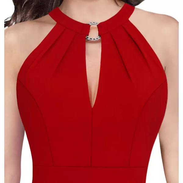 VFSHOW Womens Halter Neck Keyhole Cocktail Party Pleated Ruched Slim Fitted Bodycon Pencil DressRed Halter Neck2