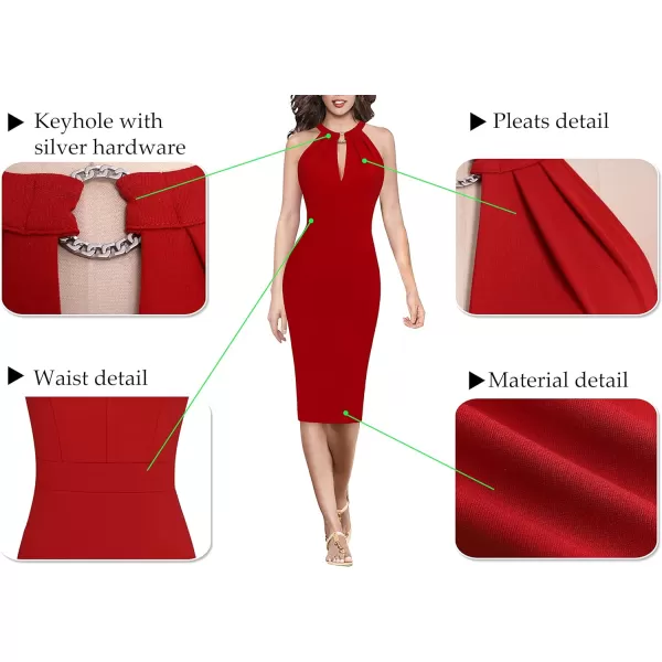 VFSHOW Womens Halter Neck Keyhole Cocktail Party Pleated Ruched Slim Fitted Bodycon Pencil DressRed Halter Neck2