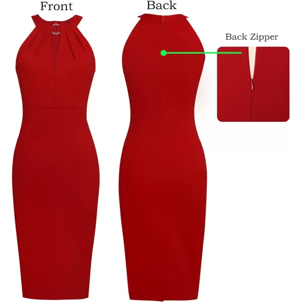 VFSHOW Womens Halter Neck Keyhole Cocktail Party Pleated Ruched Slim Fitted Bodycon Pencil DressRed Halter Neck2