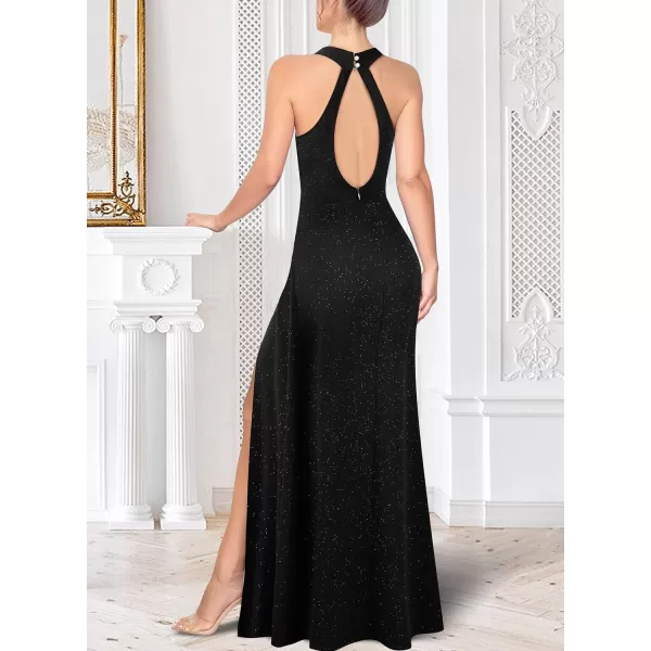 VFSHOW Womens Halter Neck Ruched Bow Double Slit Formal Prom Maxi Dress Keyhole Backless Wedding Guest ALine Evening GownSparkly Black