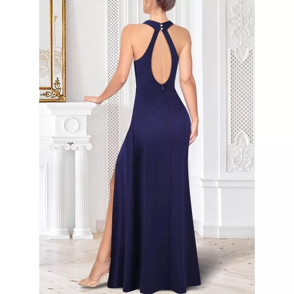 VFSHOW Womens Halter Neck Ruched Bow Double Slit Formal Prom Maxi Dress Keyhole Backless Wedding Guest ALine Evening GownSparkly Navy Blue