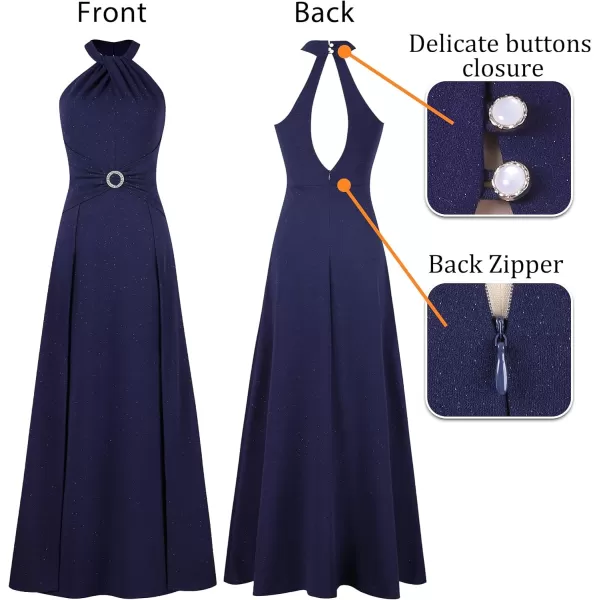 VFSHOW Womens Halter Neck Ruched Bow Double Slit Formal Prom Maxi Dress Keyhole Backless Wedding Guest ALine Evening GownSparkly Navy Blue