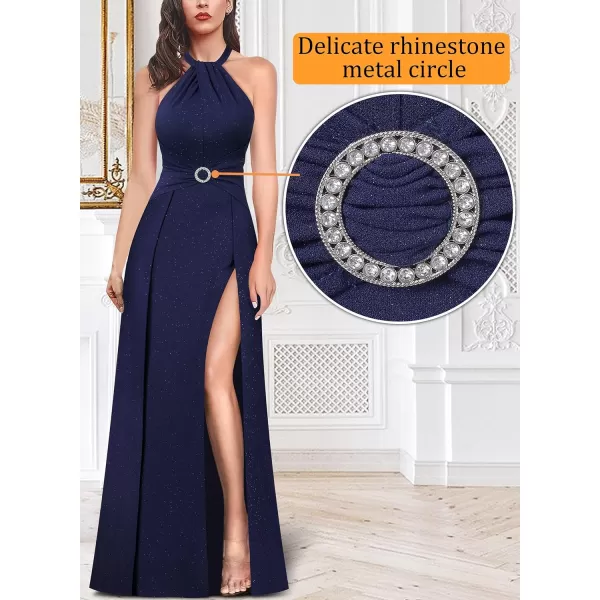 VFSHOW Womens Halter Neck Ruched Bow Double Slit Formal Prom Maxi Dress Keyhole Backless Wedding Guest ALine Evening GownSparkly Navy Blue