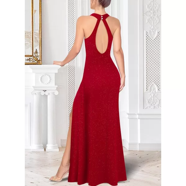 VFSHOW Womens Halter Neck Ruched Bow Double Slit Formal Prom Maxi Dress Keyhole Backless Wedding Guest ALine Evening GownSparkly Red