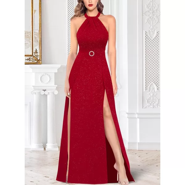 VFSHOW Womens Halter Neck Ruched Bow Double Slit Formal Prom Maxi Dress Keyhole Backless Wedding Guest ALine Evening GownSparkly Red