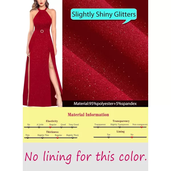 VFSHOW Womens Halter Neck Ruched Bow Double Slit Formal Prom Maxi Dress Keyhole Backless Wedding Guest ALine Evening GownSparkly Red