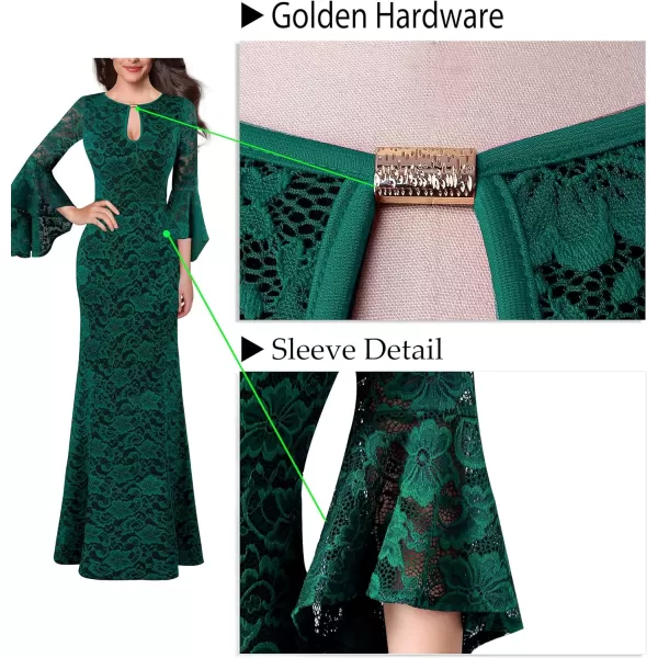 VFSHOW Womens Keyhole Front Bell Sleeve Formal Evening Wedding Party Maxi DressGreen Floral Lace