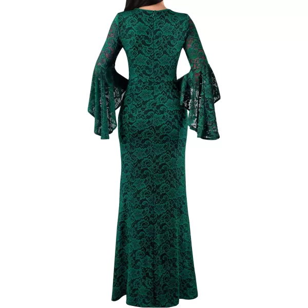 VFSHOW Womens Keyhole Front Bell Sleeve Formal Evening Wedding Party Maxi DressGreen Floral Lace