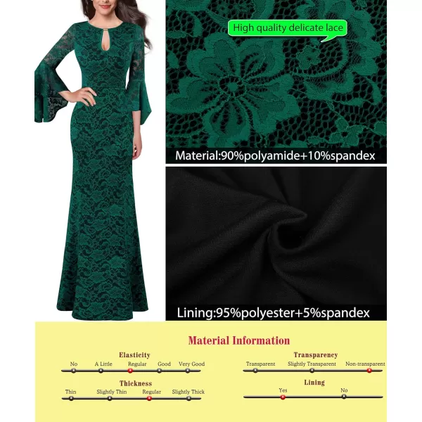 VFSHOW Womens Keyhole Front Bell Sleeve Formal Evening Wedding Party Maxi DressGreen Floral Lace