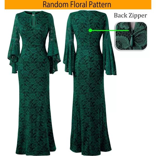 VFSHOW Womens Keyhole Front Bell Sleeve Formal Evening Wedding Party Maxi DressGreen Floral Lace