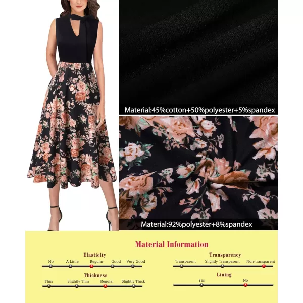 VFSHOW Womens Keyhole Front Patchwork Pockets Pleated Casual Party ALine Midi DressBlack  Multi Floral Print2