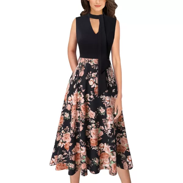 VFSHOW Womens Keyhole Front Patchwork Pockets Pleated Casual Party ALine Midi DressBlack  Multi Floral Print2