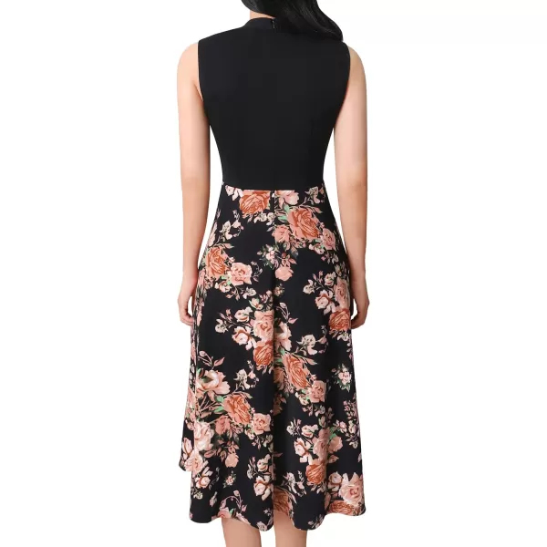 VFSHOW Womens Keyhole Front Patchwork Pockets Pleated Casual Party ALine Midi DressBlack  Multi Floral Print2